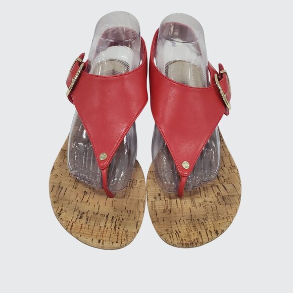 Pesaro Red Faux Leather Peep Toe Sandals With Cork Sole & Gold Buckle Size 11M - Picture 2 of 11